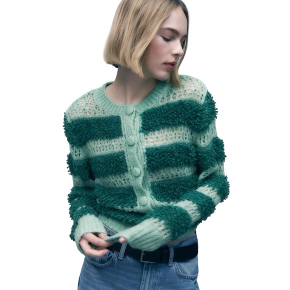 Zara Jackets & Blazers - Zara Sz M Green Crew Neck Wool Blend Knit Jacket